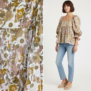 Impeccable Pig Metallic Floral Puff Sleeve Blouse Sz large